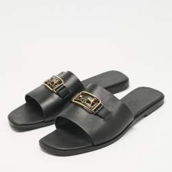 Pre Owned Hermes Black Leather Villa Flat Slides Size 37.5