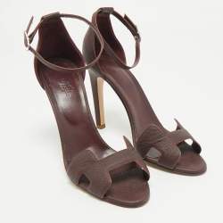 Pre Owned Hermes Burgundy Leather Joy Ankle Strap Sandals Size 41