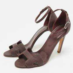 Pre Owned Hermes Burgundy Leather Joy Ankle Strap Sandals Size 41