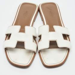 Pre Owned صندل فلات هيرمس أوران جلد أبيض مقاس 38