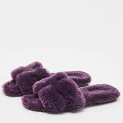 Pre Owned Hermes Purple Shearling Fur Oran Flat Sandals Size 38