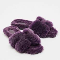 Pre Owned Hermes Purple Shearling Fur Oran Flat Sandals Size 38