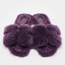 Pre Owned Hermes Purple Shearling Fur Oran Flat Sandals Size 38