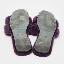 Pre Owned Hermes Purple Shearling Fur Oran Flat Sandals Size 38