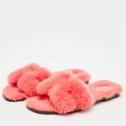 Pre Owned Hermes Red Shearling Fur Oran Flat Sandals Size 38.5