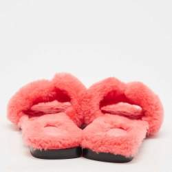 Pre Owned Hermes Red Shearling Fur Oran Flat Sandals Size 38.5