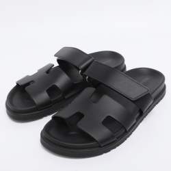 Pre Owned Hermes Black Leather Chypre Slide Sandals Size 35