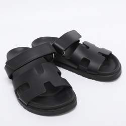 Pre Owned Hermes Black Leather Chypre Slide Sandals Size 35