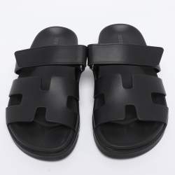 Pre Owned Hermes Black Leather Chypre Slide Sandals Size 35