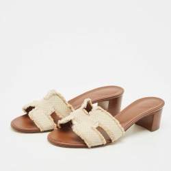Pre Owned Hermes Brown/Cream Canvas Oasis Slide Sandals Size 39.5