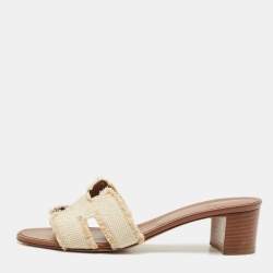 Pre Owned Hermes Brown/Cream Canvas Oasis Slide Sandals Size 39.5