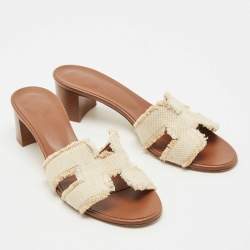 Pre Owned Hermes Brown/Cream Canvas Oasis Slide Sandals Size 39.5