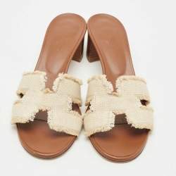 Pre Owned Hermes Brown/Cream Canvas Oasis Slide Sandals Size 39.5
