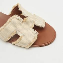 Pre Owned Hermes Brown/Cream Canvas Oasis Slide Sandals Size 39.5