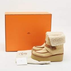 Pre Owned Hermes Beige Suede and Shearling Fur Hemisphere Ankle Boots Size 37