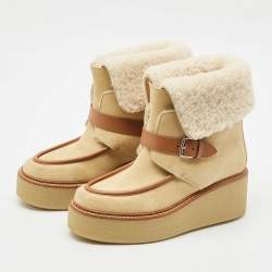 Pre Owned Hermes Beige Suede and Shearling Fur Hemisphere Ankle Boots Size 37