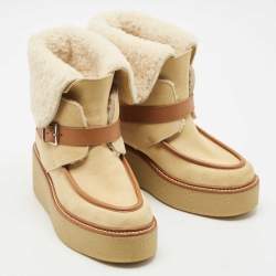Pre Owned Hermes Beige Suede and Shearling Fur Hemisphere Ankle Boots Size 37