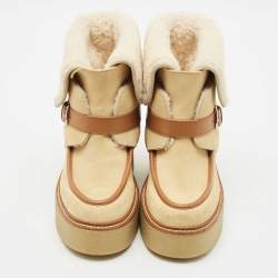 Pre Owned Hermes Beige Suede and Shearling Fur Hemisphere Ankle Boots Size 37