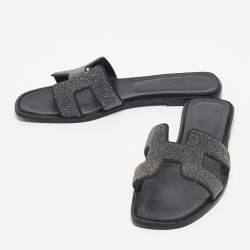 Pre Owned Hermes Silver Glitter Oran Flat Sandals Size 40.5