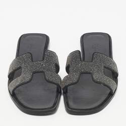 Pre Owned Hermes Silver Glitter Oran Flat Sandals Size 40.5