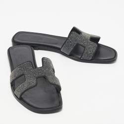 Pre Owned Hermes Silver Glitter Oran Flat Sandals Size 40.5