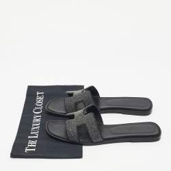 Pre Owned Hermes Silver Glitter Oran Flat Sandals Size 40.5