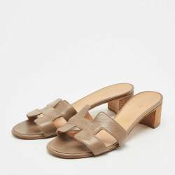 Pre Owned Hermes Green Leather Oasis Slide Sandals Size 38.5