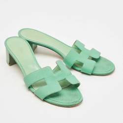 Pre Owned Hermes Green Leather Oasis Slide Sandals Size 38.5