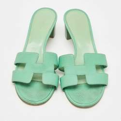 Pre Owned Hermes Green Leather Oasis Slide Sandals Size 38.5