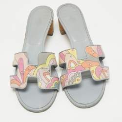 Pre Owned Hermes Light Blue Printed Canvas and Leather Oasis Sandals Size 39
