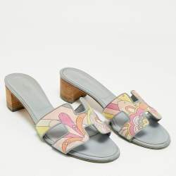 Pre Owned Hermes Light Blue Printed Canvas and Leather Oasis Sandals Size 39