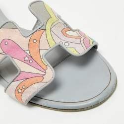 Pre Owned Hermes Light Blue Printed Canvas and Leather Oasis Sandals Size 39