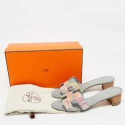 Pre Owned Hermes Light Blue Printed Canvas and Leather Oasis Sandals Size 39