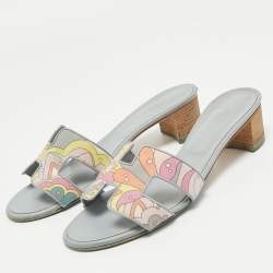 Pre Owned Hermes Light Blue Printed Canvas and Leather Oasis Sandals Size 39