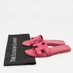 Pre Owned Hermes Pink Leather Oran Flat Slides Size 36.5