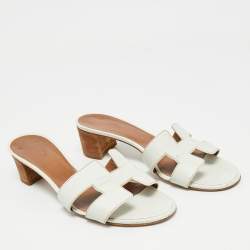 Pre Owned Hermes White Leather Oasis Slide Sandals Size 37.5