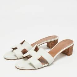 Pre Owned Hermes White Leather Oasis Slide Sandals Size 37.5