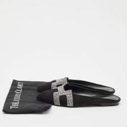 Pre Owned Hermes Black/Silver Suede And Crystal Roxane Mules Size 38