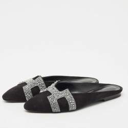 Pre Owned Hermes Black/Silver Suede And Crystal Roxane Mules Size 38