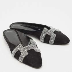 Pre Owned Hermes Black/Silver Suede And Crystal Roxane Mules Size 38