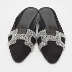 Pre Owned Hermes Black/Silver Suede And Crystal Roxane Mules Size 38
