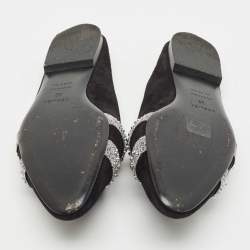 Pre Owned Hermes Black/Silver Suede And Crystal Roxane Mules Size 38