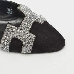 Pre Owned Hermes Black/Silver Suede And Crystal Roxane Mules Size 38
