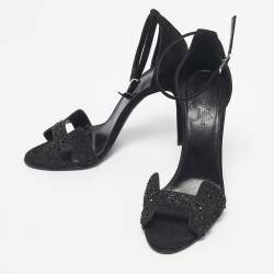 Pre Owned Hermes Black Suede And Crystal Embellished Premiere Ankle Strap Sandals Size 38.5