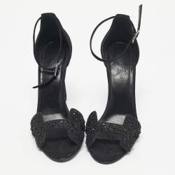 Pre Owned Hermes Black Suede And Crystal Embellished Premiere Ankle Strap Sandals Size 38.5