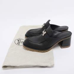 Pre Owned Hermes Black Leather Mules Flore 60 Size 38.5