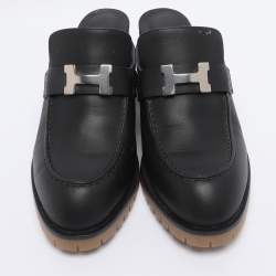 Pre Owned Hermes Black Leather Mules Flore 60 Size 38.5