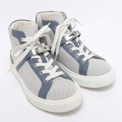 Pre Owned Hermès Grey/Blue Canvas and Leather Daydream High Top Sneakers Size 38.5