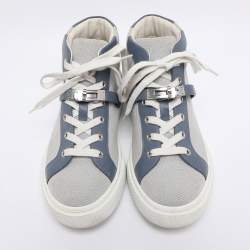 Pre Owned Hermès Grey/Blue Canvas and Leather Daydream High Top Sneakers Size 38.5