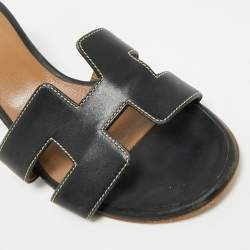 Pre Owned Hermes Black Leather Oasis Slide Sandals Size 35.5
